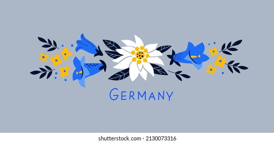 Alpine flowers edelweiss and gentian. Germany symbol. Vector illustration.