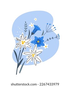 Alpine flowers: edelweiss, gentian and others. Vector illustrations for print, packaging, textile, apparel, embroidery. EPS clip art design.