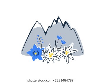 Alpine flowers: edelweiss, gentian and others. Vector illustration for print, packaging, textile, apparel, embroidery. EPS clip art design.