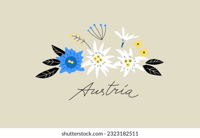 Alpine flowers: edelweiss, gentian and others. Vector illustration for print, packaging, textile, apparel, embroidery. EPS clip art design.