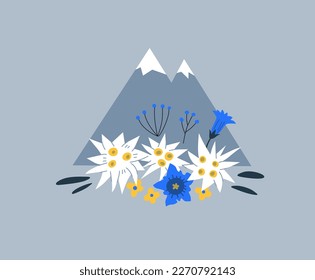 Alpine flowers and mountain. Edelweiss, gentian. Vector illustrations for print, packaging, textile, apparel, embroidery. EPS clip art design.