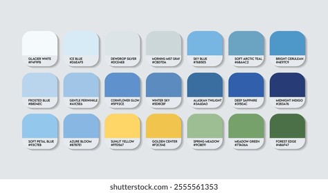 Alpine Forget-Me-Not (Alaska) Flower Color Palette, Myosotis asiatica Flower Color Guide Palette with Color Names. Catalog Samples of blue colors with RGB HEX code. Fashion Trend blue color tone shade