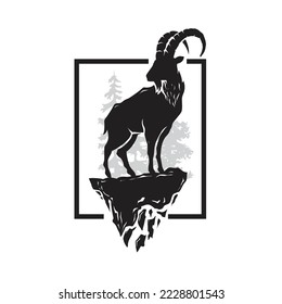 silueta alfa ibex y bosque en el fondo cuadrado Ilustración vectorial