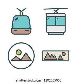 alpine icon set. vector set about cable car cabin and landscape icons set.