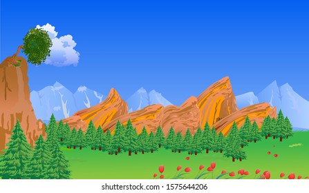 Alpine landscape with a beautiful alone tree on a high rock.  Wild tulips in the foreground. Vector illustration with mountains and trees.