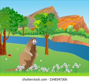 Alpine landscape with a beautiful nutria in the foreground. Vector illustration with mountains and trees.