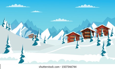 Alpine landscape flat vector illustration. Beautiful winter scenery, snowy mountains, valley with fir trees and cottages. Scenic view, panoramic scenery. Ski resort, winter holidays recreation