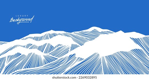 Alpine landscape. Linear Alps with peaks in snow. Banner with mountains. Line art. Linear hills with striped pattern. Minimalist japanese style background design. Vector illustration.