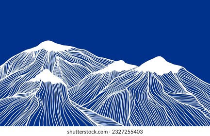 Alpine landscape. Linear Alps with peaks in snow. Banner with mountains. Line art. Linear hills with striped pattern. Minimalist japanese style background design. Vector illustration.