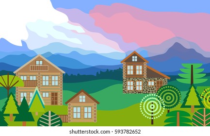 Alpine landscape with log homes.  Beautiful scenery with mountains, forest, cloudy sky and chalets. Vector illustration.