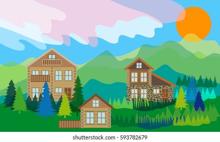 Alpine landscape with log homes.  Beautiful scenery with mountains, forest, cloudy sky and chalets. Vector illustration.