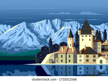 Alpine landscape with a medieval castle in the first plan, a lake and mountains in the background. Handmade drawing vector illustration. Flat design. Vintage Poster.