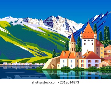 Alpine landscape with a medieval castle in the first plan, a lake, a town and mountains in the background. Handmade drawing vector illustration. Flat design. Vintage Poster.