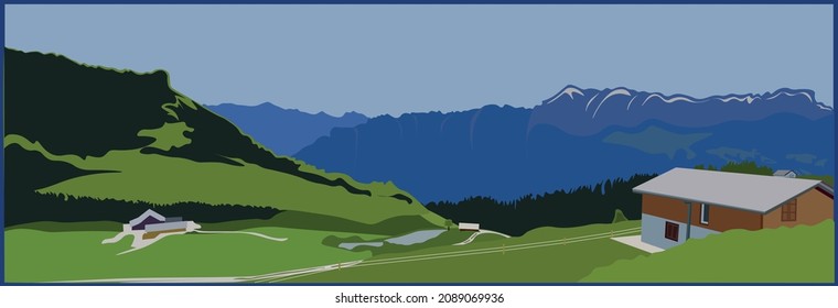 Alpenlandschaft, Naturhintergrund, Bäume, Berge und Seen Schweiz, Reise und Tourismus