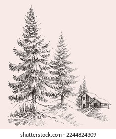 Alpine landscape sketch. Mountain cabin, pine tree forest and mountain ranges 