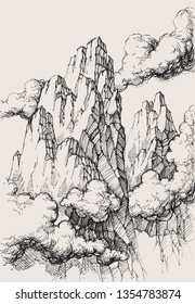 Alpine landscape vector drawing. High mountains in the clouds