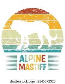 Alpine Mastiff Retro Vintage Sunset T-shirt Design template, Alpine Mastiff on Board, Car Window Sticker, POD, book cover, Isolated white background, White Dog Silhouette Gift for Alpine Mastiff Lover
