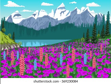 Alpine meadow with delphinium and rhododendrons in the Alps 