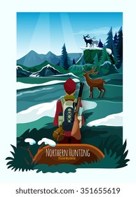 Alpine meadow landscape poster with hunter and deer on the rocks with icy mountains background vector illustration