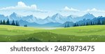 Alpine meadows and beautiful mountains, forests and lakes, vector illustration. Panoramic landscape of green fields, amazing mountains on a clear day with gentle clouds in the blue sky.