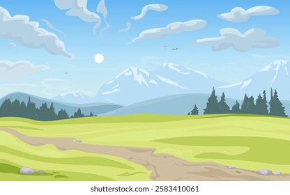 Alpine meadows and beautiful mountains, forests and sky, vector illustration. Panoramic landscape of green fields, amazing mountains on a clear day with gentle clouds in the blue sky