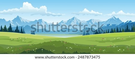 Alpine meadows and beautiful mountains, forests and lakes, vector illustration. Panoramic landscape of green fields, amazing mountains on a clear day with gentle clouds in the blue sky.