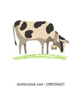 Alpine milk cow flat hand drawn vector color character icon. Farm animal eats meadow green grass. Dairy Swiss cow grazing with cowbell. Farming mammals sign. Isolated Scandinavian cartoon illustration