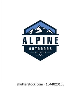 Alpine Mountain Adventure logo Outdoor Hiking, Camping Expedition And Exploring Nature design emblem badge