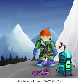 Alpine mountain climber cartoon character with ice axe against icy rocks peaks background poster abstract vector illustration