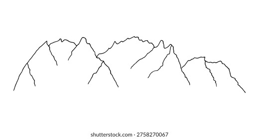 Alpine mountain hand drawn doodle transparent contour drawn by black ink. Dolomite Alps mountains silhouette.