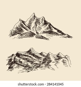 Alpine mountain landscape sketch hand drawing, in engraving etching style, for extreme climbing sport, adventure travel  and  tourism design