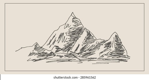 Alpine mountain scenery drawing, in engraving etching style, for climbing sport, travel  and  tourism design