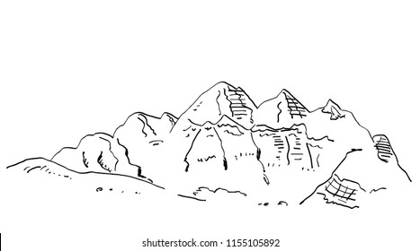 Alpine mountain scenery hand drawn sketch, in engraving etching style, for climbing sport,  mountaining, travel  and  tourism design