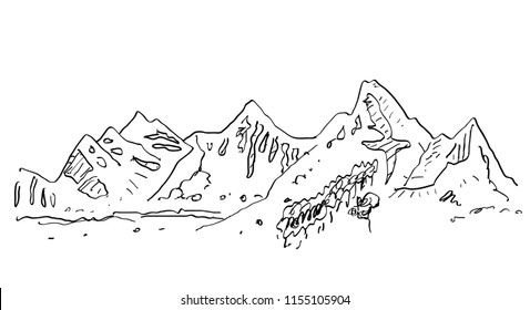 Alpine mountain scenery hand drawn sketch, in engraving etching style, for climbing sport,  mountaining, travel, tourism and extrim design
