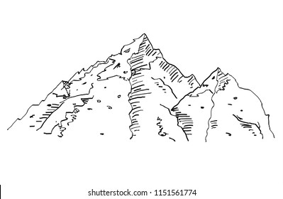 alpine mountain scenery landscape, in hand drawn sketch style, for extreme sport, mountaining, adventure traveling  and  tourism design