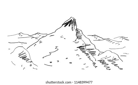 Alpine mountain scenery landscape, with rocks, in hand drawn sketch style, for extreme sport, adventure traveling, mountaining  and  tourism design