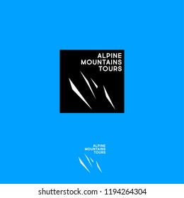 Alpine Mountains Tours logo. Mountain Travel Agency emblem. Lighting mountain peaks and letters on black square. Emblem for alpinism, climbing and mining equipment.