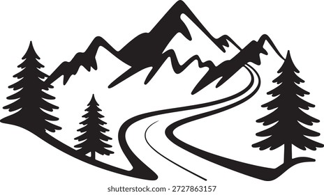 Alpine mountains with winding trail and evergreen trees illustration