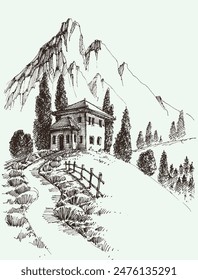 Alpine nature landscape sketch, mountain house hand drawing