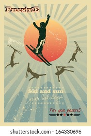 Alpine poster, skier in the sun, plus five silhouettes