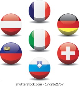 Alpine regions, countries national circle button flags background texture. States that occupy the Alps 3d vector illustration symbol.