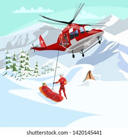 Alpine rescue service flat vector illustration. Brave mountain rescuers cartoon characters. Avalanche victim aircraft transportation, life danger.