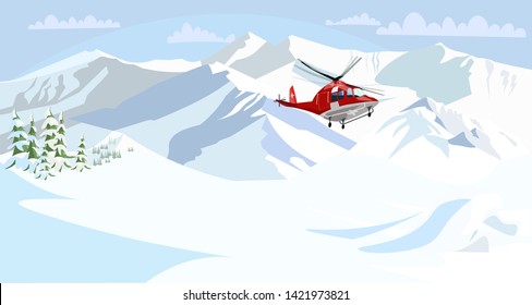 Alpine rescue service flat vector illustration. Aircraft transportation, helicopter in mountains.