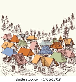 Alpine resort hand drawing. A vilage in the mountains vector