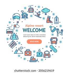 Alpine Resort Welcome Round Design Template Contour Lines Icon Concept for Promotion, Marketing and Advertising. Vector illustration of Winter Sport