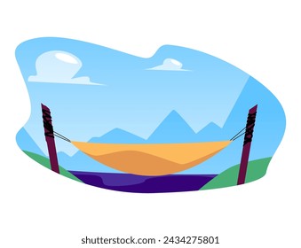 Alpine serenity scene. Vector illustration of an empty yellow hammock set against a serene mountain landscape under a clear sky