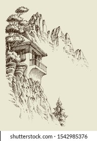 Alpine sketch background. Mountain cabin, pine tree forest and mountain ranges 