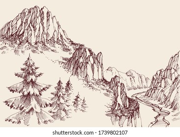 Alpine sketch background. Pine tree forest, a river in the valley and mountain ranges