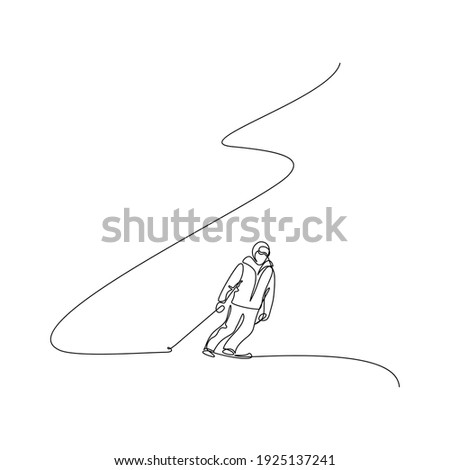 Alpine skier in continuous line art drawing style. Downhill skiing black linear sketch isolated on white background. Vector illustration