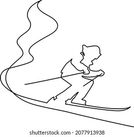 Alpine skier going downhill. Ski slope. Continuous line drawing. Vector illustration.